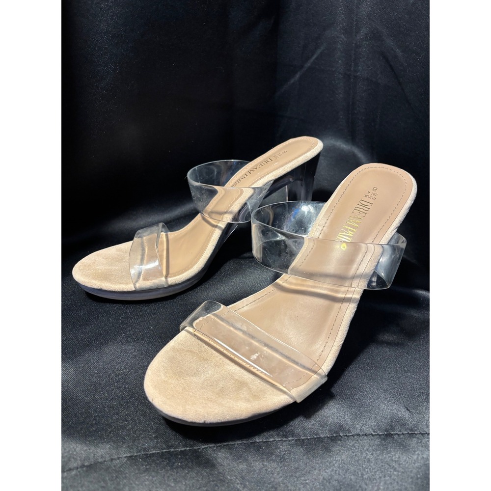 Dream Pairs Clear Strap Block Heel Slide Sandals Nude Beige Size 8 like 9